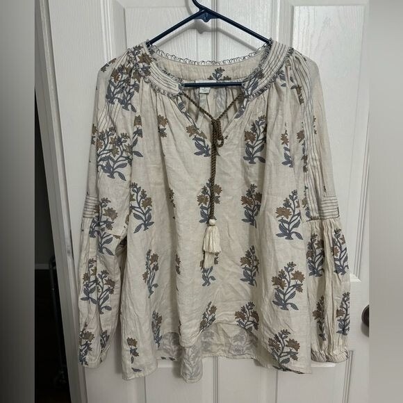 Sundance Tops - Sundance | Bohemian Long Sleeve Blouse Floral Tassel Cream Blue Brown Sz S